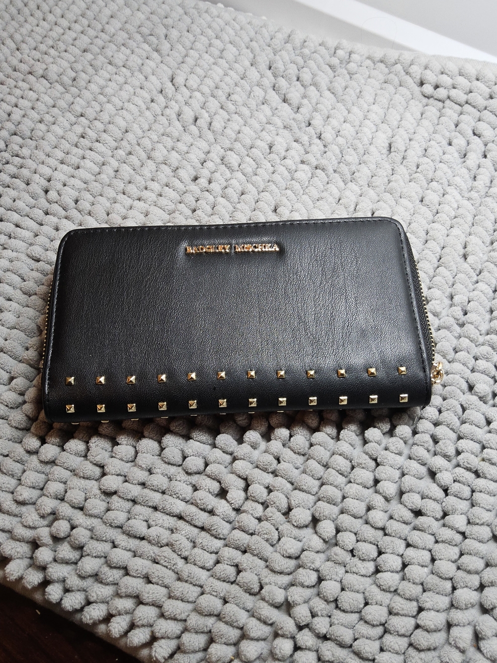 NWT Badgley Mischka Black Studded Zip-Around Wallet Vegan Leather